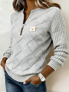 Kuschelwarmer Winter Strickpullover grau mit Half-Zip Damen