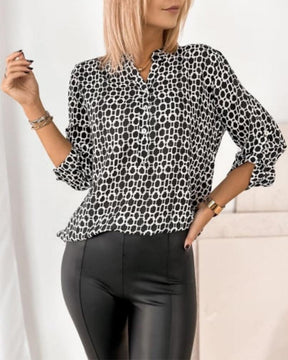 Winter V-Neck Bluse Schwarz mit Ballonärmeln & Print