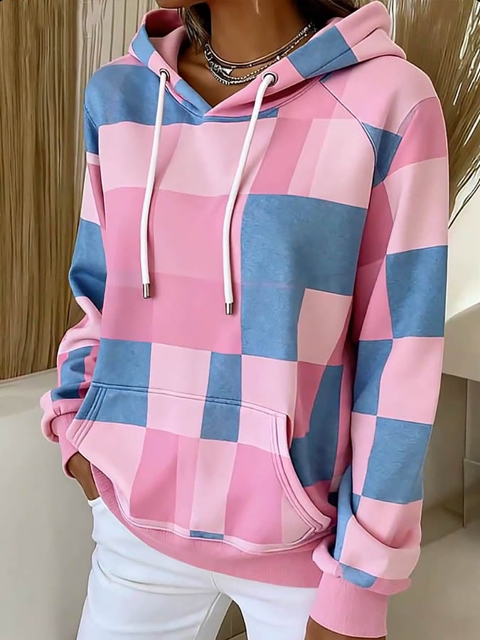 Winter Hoodie rosa-blau kariert warm kuschelig Damen