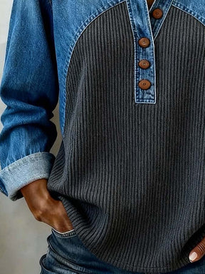 Damen Winter Sweatshirt Colorblock Denim Look kuschelig