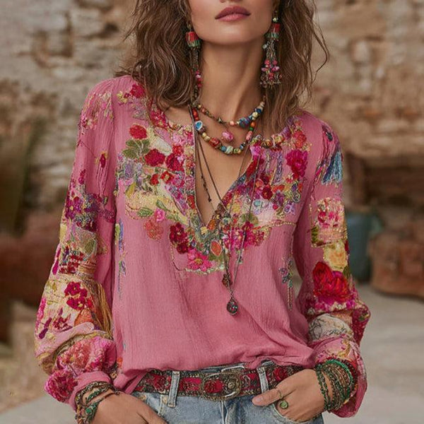 Boho Winter Blusenshirt V-Neck langarm florales Top altrosa