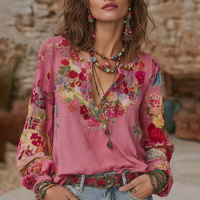 Boho Winter Blusenshirt V-Neck langarm florales Top altrosa
