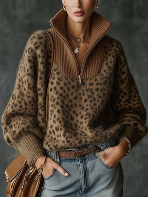Herbst Must-Have: Luxuriöser Leopard Zip-Up Sweater für stilvolle Wärme