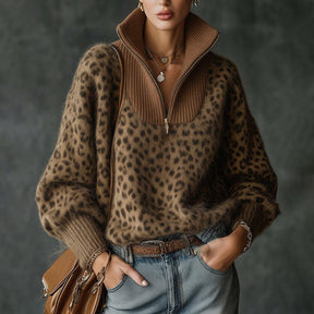 Herbst Must-Have: Luxuriöser Leopard Zip-Up Sweater für stilvolle Wärme