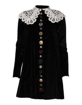 Dolce & Gabbana Schwarzes Kleid mit Spitzenkragen und Verzierungen aus Samt