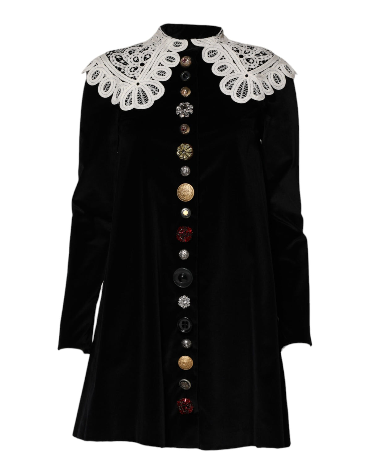 Dolce & Gabbana Schwarzes Kleid mit Spitzenkragen und Verzierungen aus Samt