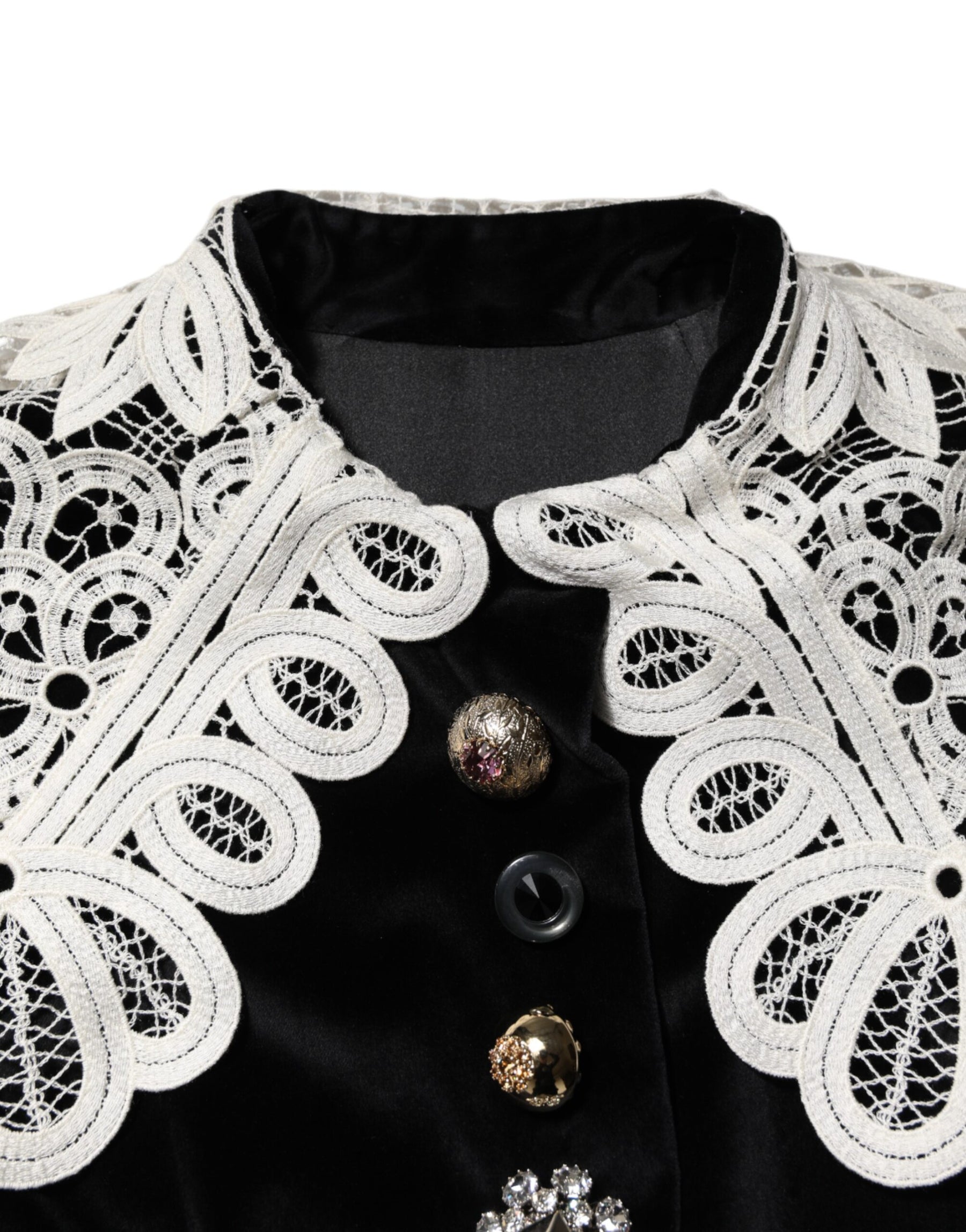Dolce & Gabbana Schwarzes Kleid mit Spitzenkragen und Verzierungen aus Samt