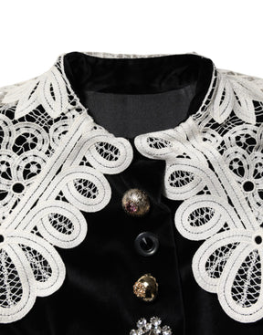 Dolce & Gabbana Schwarzes Kleid mit Spitzenkragen und Verzierungen aus Samt