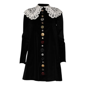 Dolce & Gabbana Schwarzes Kleid mit Spitzenkragen und Verzierungen aus Samt