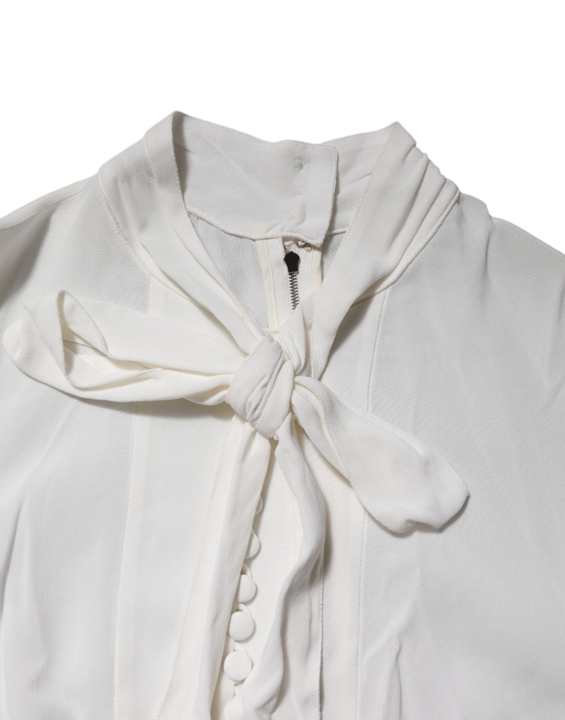 Dolce & Gabbana Weißes Viskose-Top mit Ascot-Kragen und langen Ärmeln