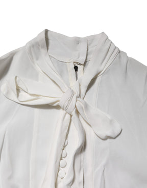 Dolce & Gabbana Weißes Viskose-Top mit Ascot-Kragen und langen Ärmeln