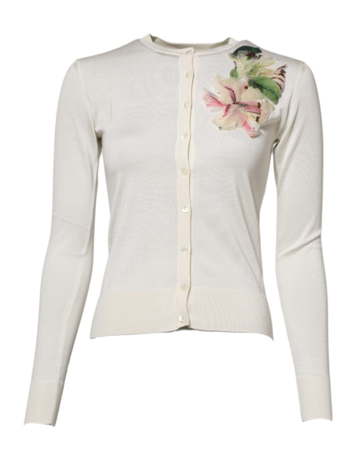Dolce & Gabbana Weiße Seidenlilie Strickjacke mit Knöpfen