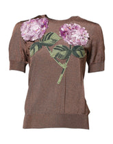 Dolce & Gabbana Braunes Lily verschönertes Blusentop mit Rundhalsausschnitt