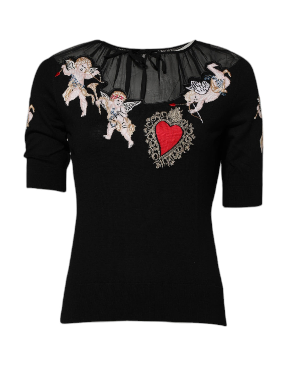 Dolce & Gabbana Schwarzes Sacred Heart besticktes Top mit Rundhalsausschnitt