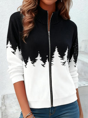 Winterliche Zip-Up Jacke mit schwarz-weißem Tannendruck - Stilvoll & Bequem