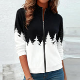 Winterliche Zip-Up Jacke mit schwarz-weißem Tannendruck - Stilvoll & Bequem