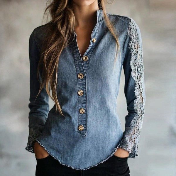 Stilsicheres Breezy V-Neck Blue Denim Top - perfekt für den Herbst