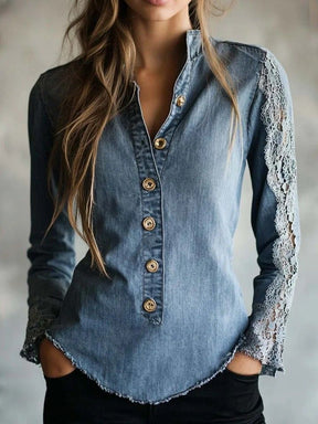Stilsicheres Breezy V-Neck Blue Denim Top - perfekt für den Herbst