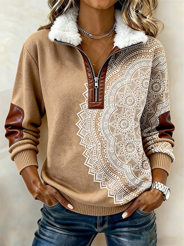Winter Damen Teddy Sweatshirt Mandala Beige Kuschelpullover