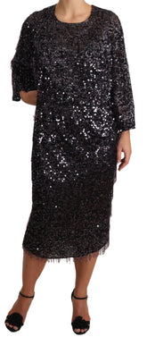 Dolce & Gabbana Schwarzes Langarm-Shift-Midi-Dress mit Pailletten