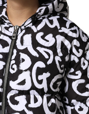 Dolce & Gabbana Schwarz Weiß DG Mania Langer Mantel mit Kapuze Jacke