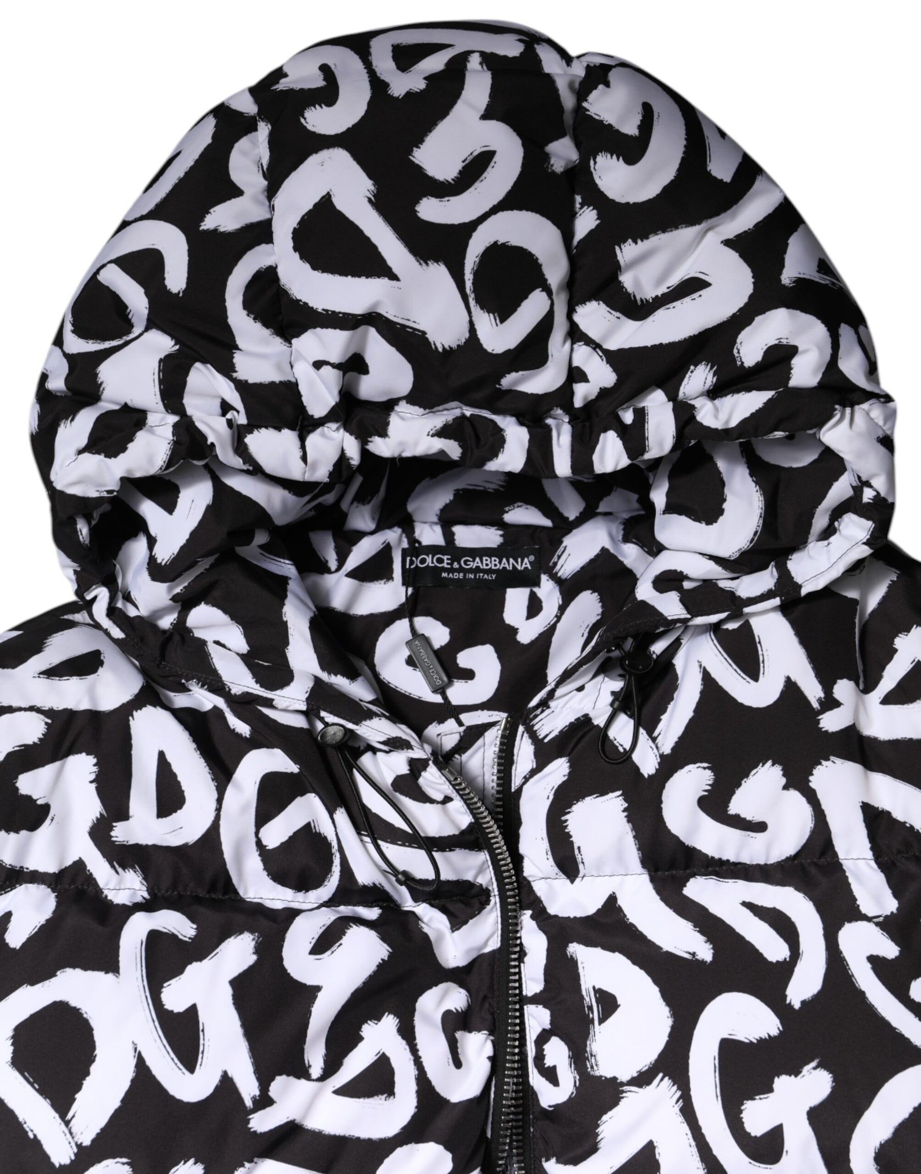 Dolce & Gabbana Schwarz Weiß DG Mania Langer Mantel mit Kapuze Jacke