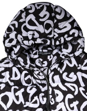 Dolce & Gabbana Schwarz Weiß DG Mania Langer Mantel mit Kapuze Jacke