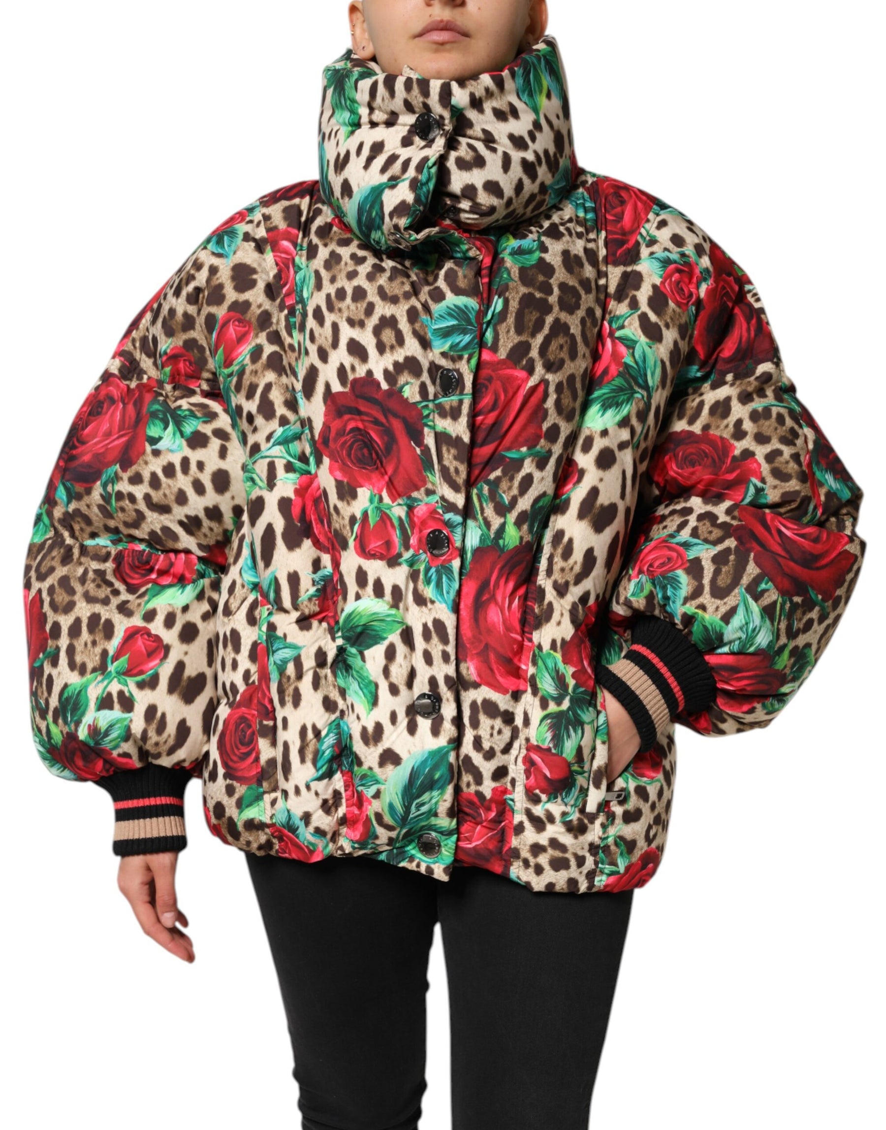 Dolce & Gabbana Multicolor Leopard Rose Puffer Steppjacke