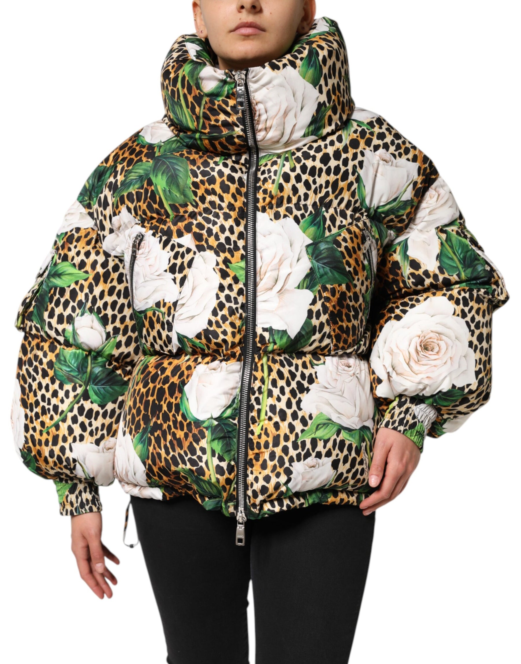 Dolce & Gabbana Multicolor Leopard Rose Puffer Steppjacke