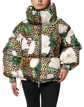 Dolce & Gabbana Multicolor Leopard Rose Puffer Steppjacke