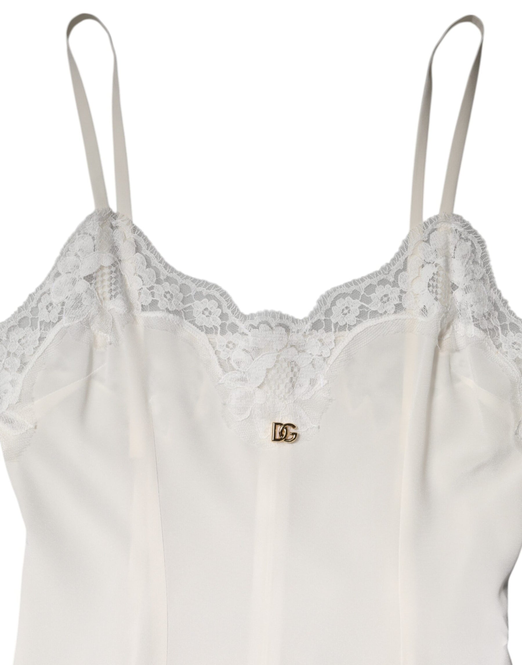 Dolce & Gabbana Weißes Spitzenkleid mit goldenem DG-Logo aus Seide Nachtwäsche