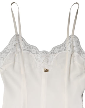 Dolce & Gabbana Weißes Spitzenkleid mit goldenem DG-Logo aus Seide Nachtwäsche