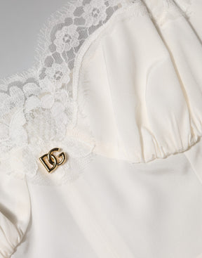 Dolce & Gabbana Weißes DG Logo-Spitzenkleid aus Seide Nachtwäsche