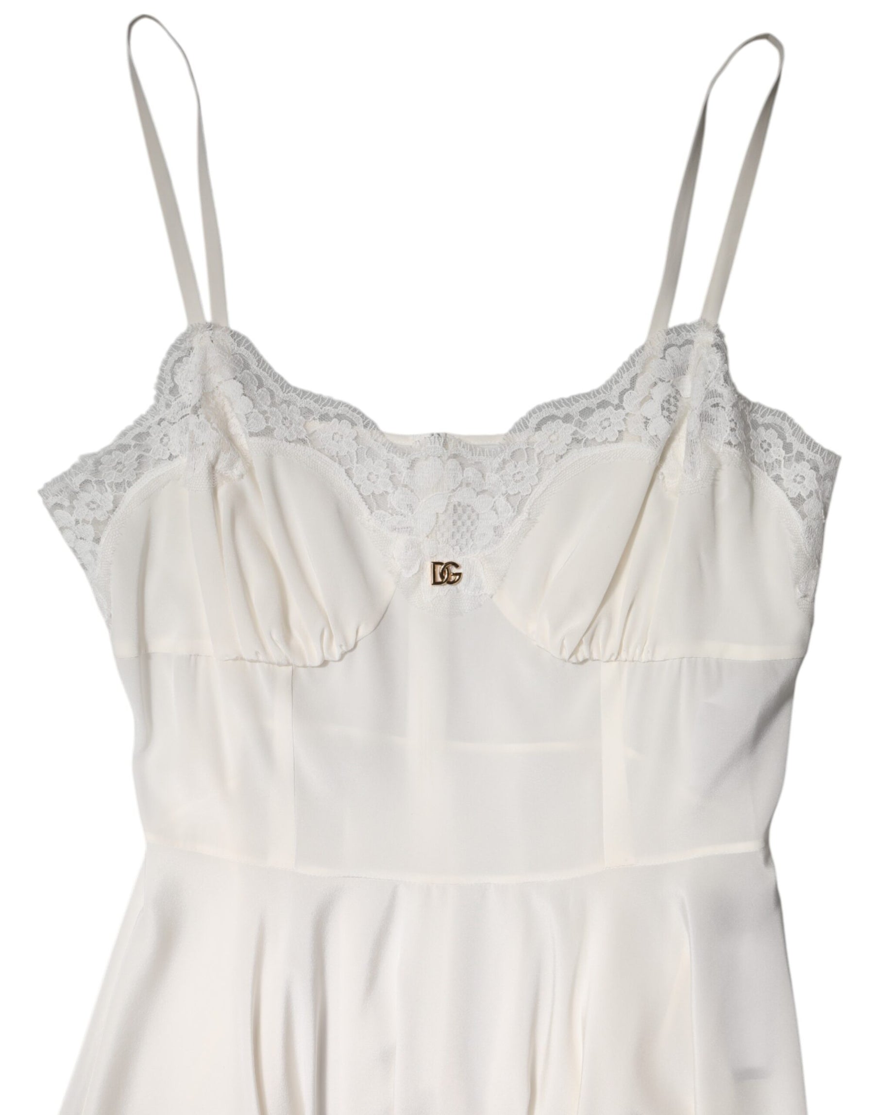 Dolce & Gabbana Weißes Spitzenkleid mit goldenem DG-Logo aus Seide Nachtwäsche
