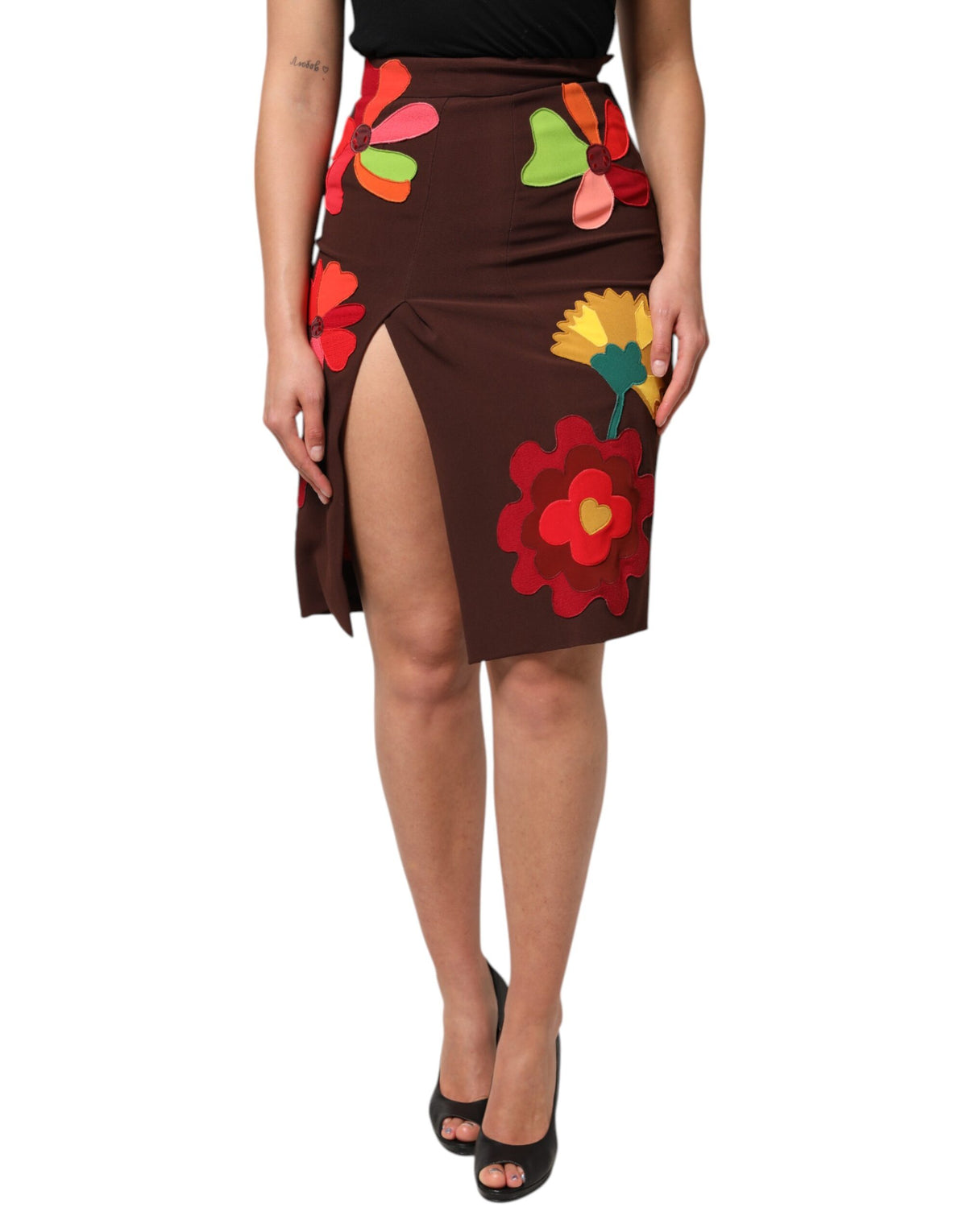 Dolce & Gabbana Brauner floraler Rock mit hoher Taille und seitlichem Schlitz