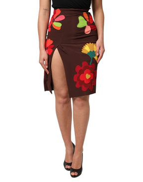 Dolce & Gabbana Brauner floraler Rock mit hoher Taille und seitlichem Schlitz