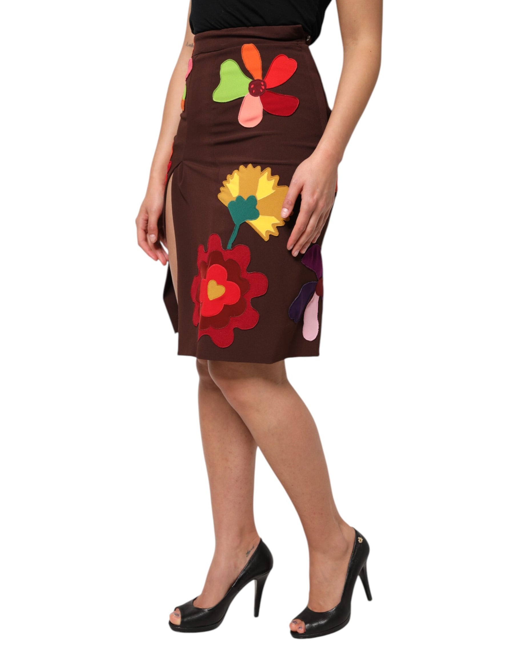 Dolce & Gabbana Brauner floraler Rock mit hoher Taille und seitlichem Schlitz