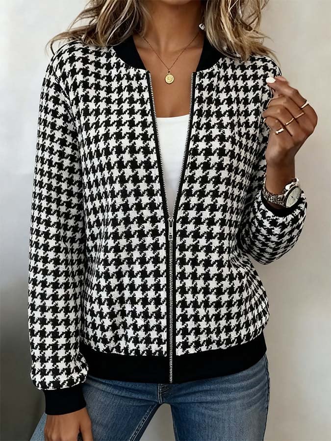 Winter Hahnentritt Bomberjacke warm & stylisch Zip Up