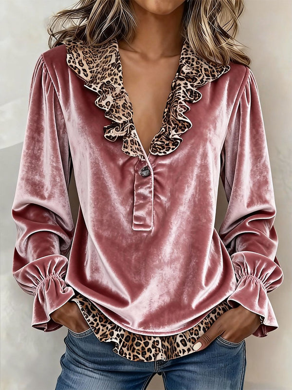 Winter Leopard Bluse altrosa V-Ausschnitt langarm cozy