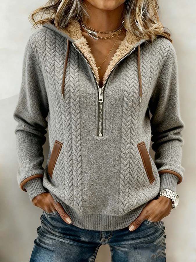 Gefütterter Damen Zipper Hoodie Winter Kuschelpullover Grau