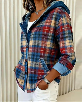 Herbstlicher Blue Plaid Denim Hoodie Coat - Trendiger Wärmespender