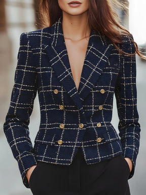 Navy Karierte Doppelreiher-Blazer: Stilvoller Herbstzauber für kühle Tage