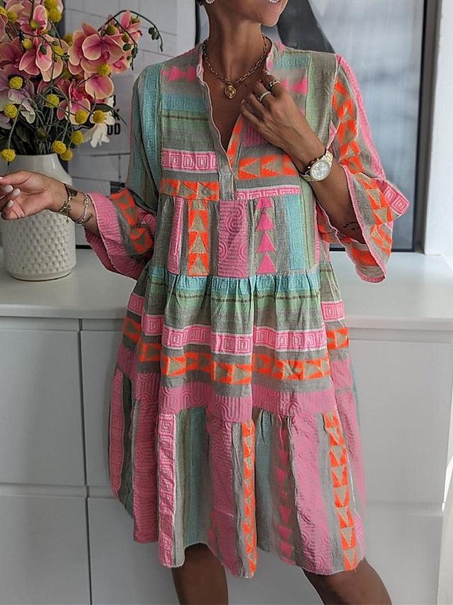 Fresh Print 3/4 Sleeve Mini Dress: Herbstshafter Farbenzauber für jeden Anlass