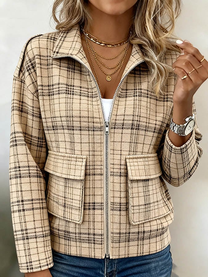 Herbstlicher Trend: Karierte Casual-Jacke in Braun mit Reißverschluss
