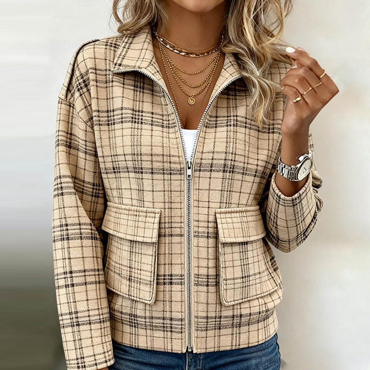 Herbstlicher Trend: Karierte Casual-Jacke in Braun mit Reißverschluss
