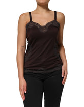 Dolce & Gabbana Dunkelbraunes ärmelloses Tanktop mit Spitzenbesatz aus Wolle