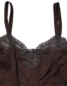 Dolce & Gabbana Dunkelbraunes ärmelloses Tanktop mit Spitzenbesatz aus Wolle
