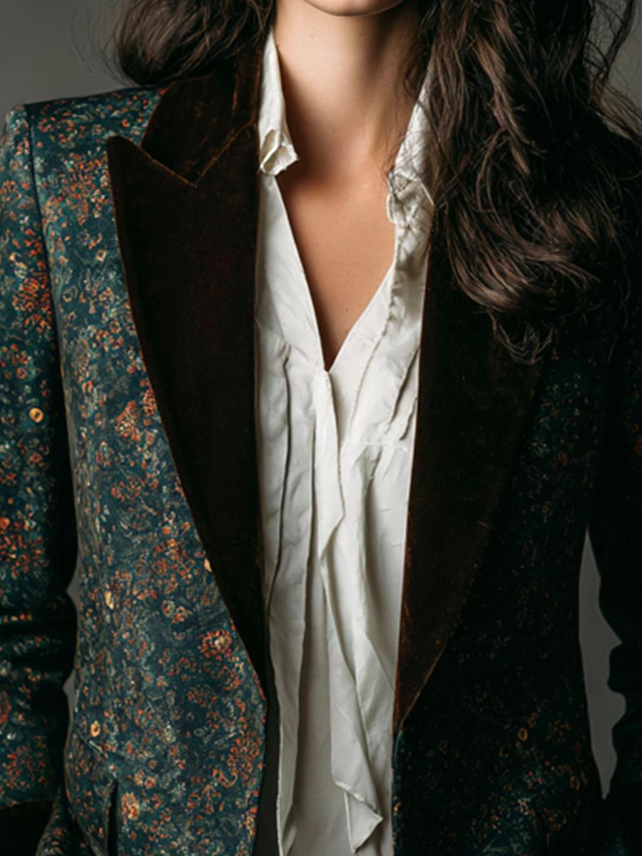 Winter Glamour: Bold Green Velvet Floral Print Blazer für stilvolle Wärme