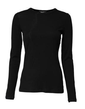 Dolce & Gabbana Schwarzes Baumwollstrick-T-Shirt mit Rundhalsausschnitt und langen Ärmeln