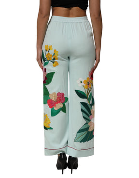 Dolce & Gabbana Grüne, geblümte, gerade Pyjamahose mit Strumpfband
